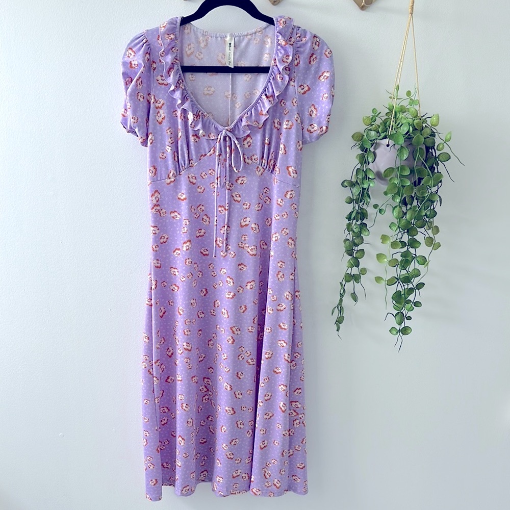 Vanilla Bay Purple Ruched Tie Front Midi Sundress